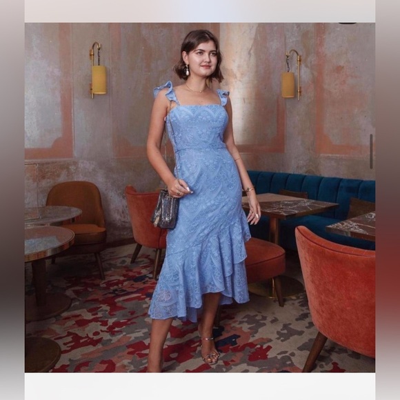 NWT Monique Lhuillier Baby Blue Lace Summer Midi Dress Size 8 MSRP $495 Formal - Picture 1 of 11